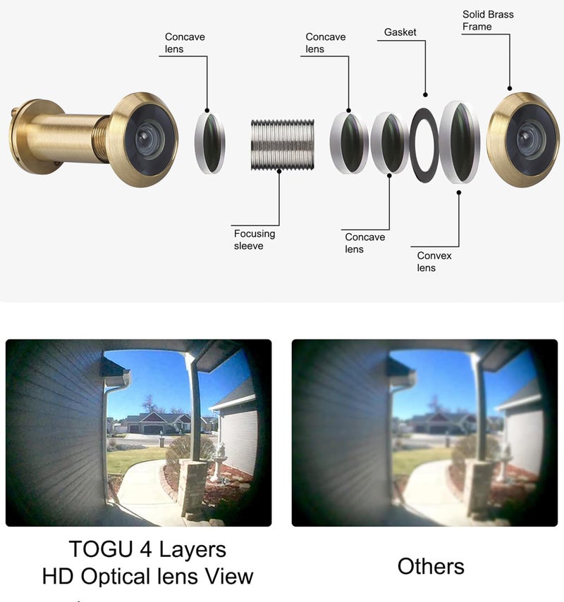 TOGU TG2814YG-SC Solid Brass UL Listed 220-degree Door Viewer with Heavy Duty Privacy Cover for 1-3/8"" to 2-1/6"" Doors  Satin Gold Finish 2 stes - Image 3